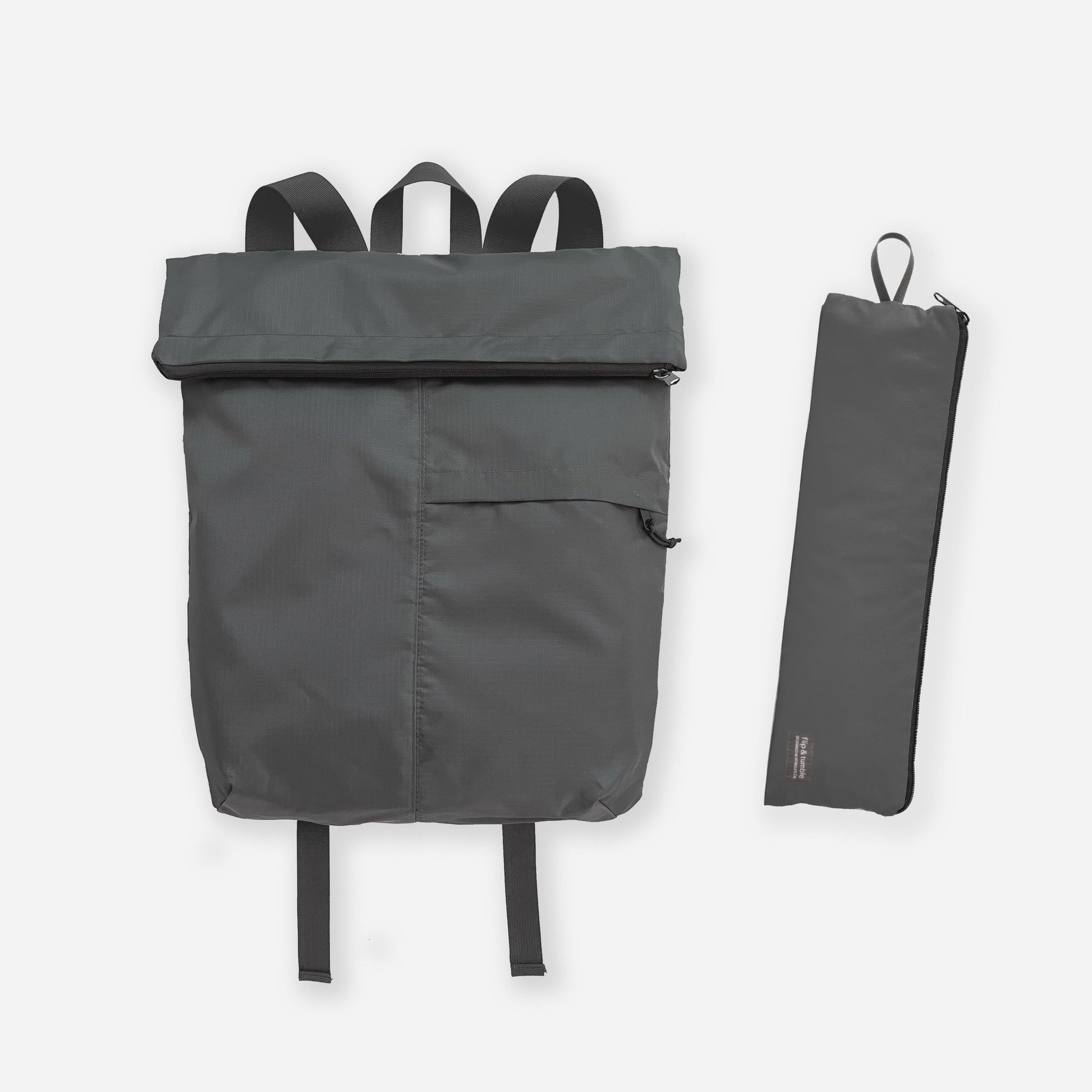 dark grey - foldable backpack for travel - flip & tumble - best packable backpack for travel, this packable foldable rucksack style is great for travel