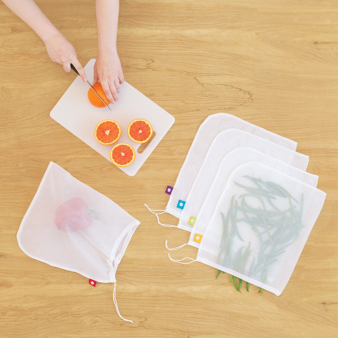 produce bags on table - reusable produce bags - flip & tumble - reusable mesh bags for veggie and fruit